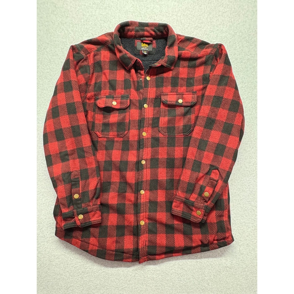 Lee Mens XL Red Black Buffalo Plaid Fleece Lined Flannel Snap‎ Shirt Jacket